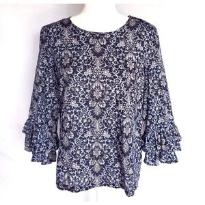 J. Crew Double Ruffle‎ Navy Floral Paisley Print Blouse Business Casual Sz 10